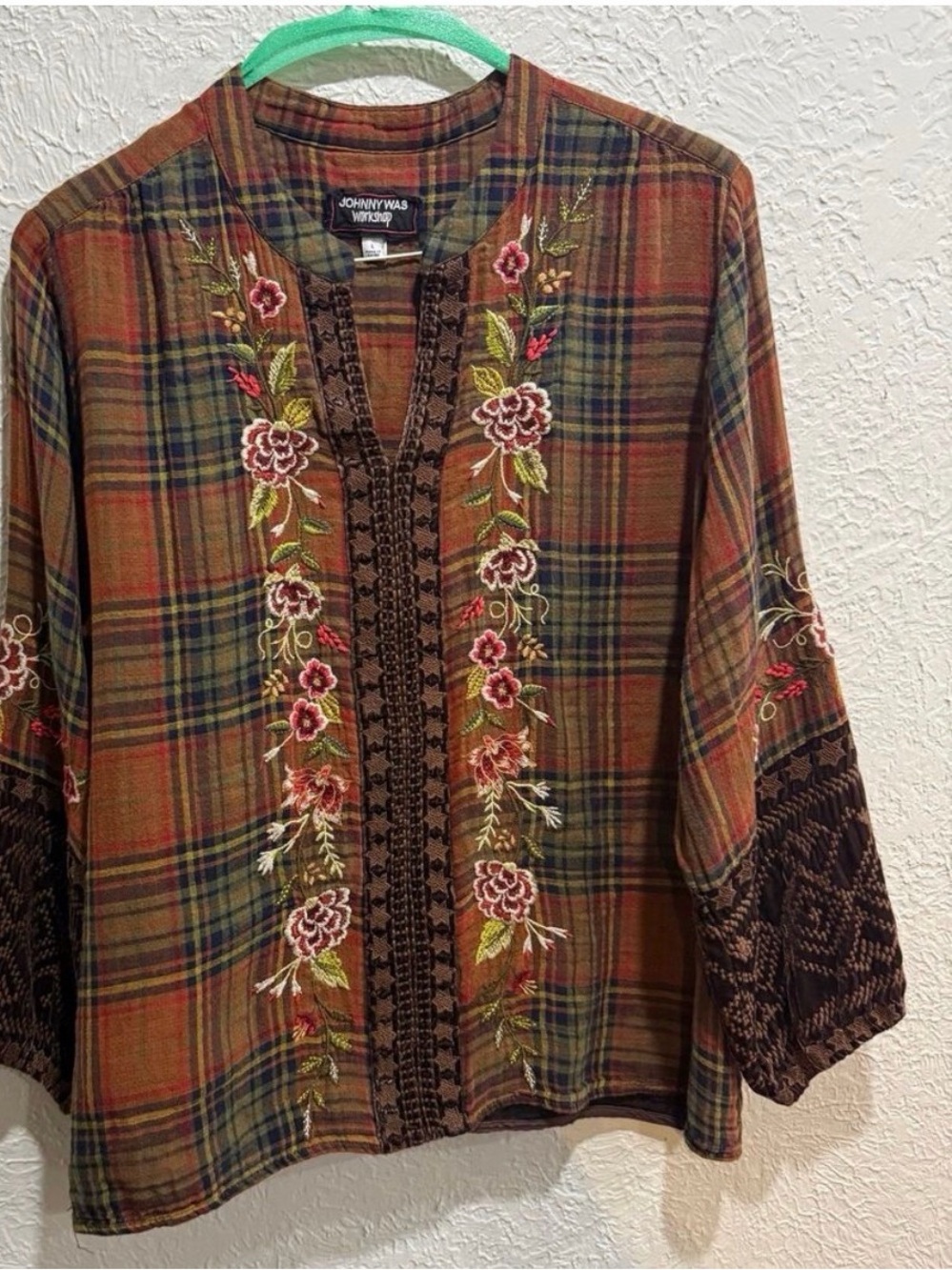 Johnny Was Plaid Embroidered Women's Top